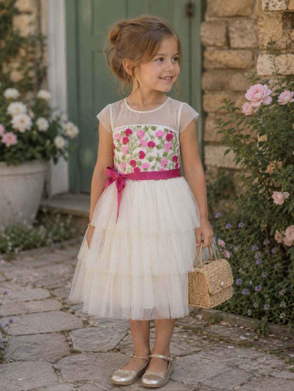 Ava & Yelly Girls Size 5 Ivory Floral Embroidered Tulle Party Dress